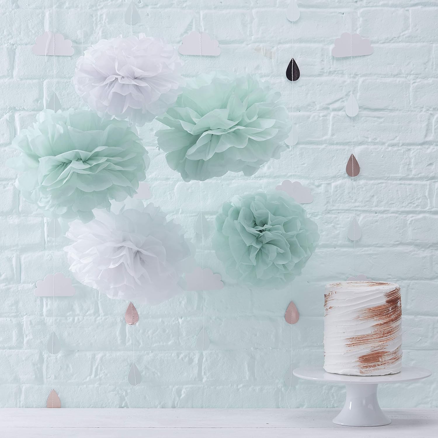 Mint & White Tissue Paper Baby Shower Pom Decorations