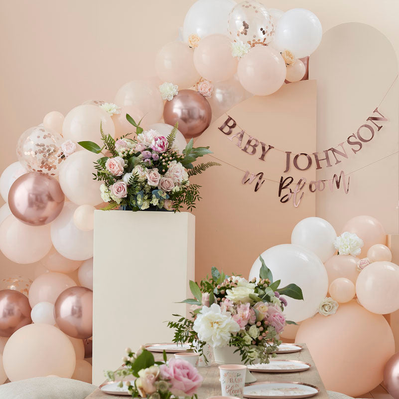 Baby In Bloom - Balloon Arch Peach, White, Rose Gold confetti balloons