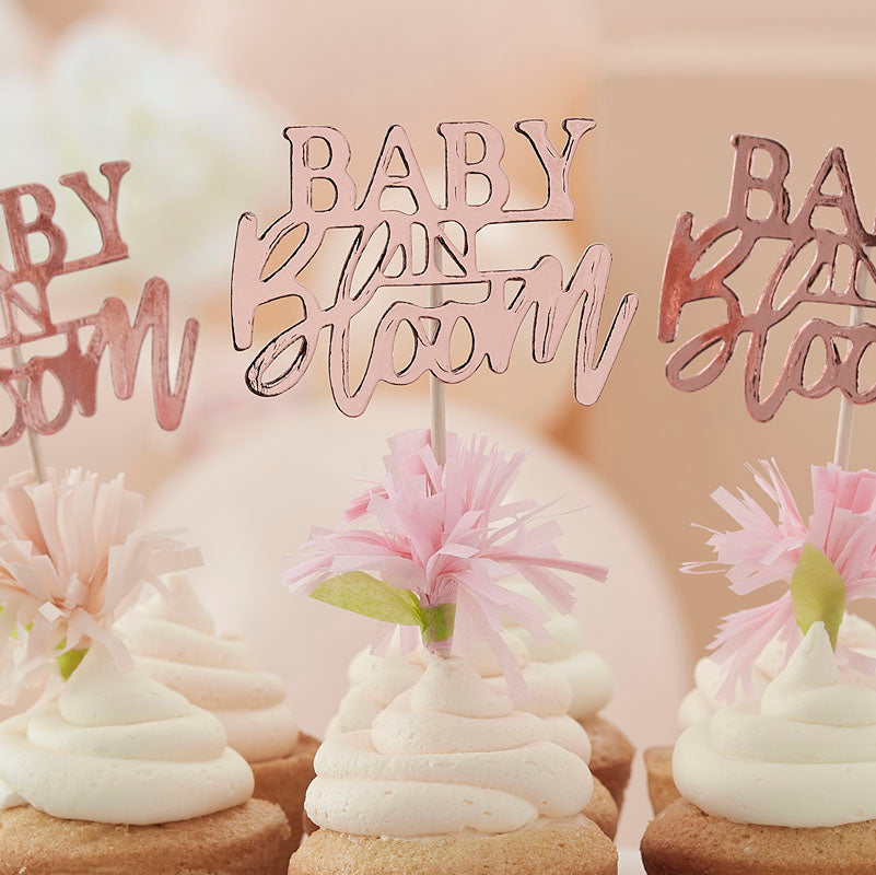 Baby In Bloom - Rose Gold & Blush Baby Shower Cupcake Toppers