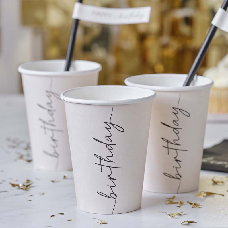 Champagne Noir - Nude and Black Happy Birthday Paper Cups