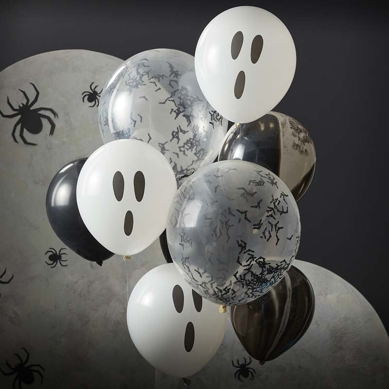 Fright Night - Ghosts, Confetti Bats and Black Marble Halloween Balloon Cluster