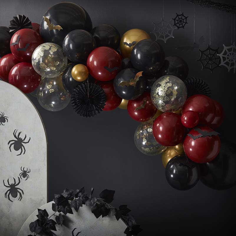 Fright Night - Gold, Black, and Deep Red Halloween Balloon Arch Kit with Cobwebs and Bats