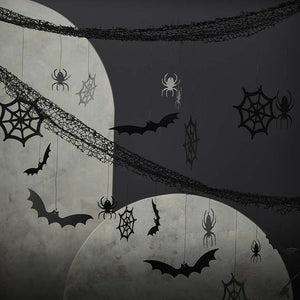 Fright Night - Halloween Backdrop with Hanging Spiders, Bats and Cobwebs