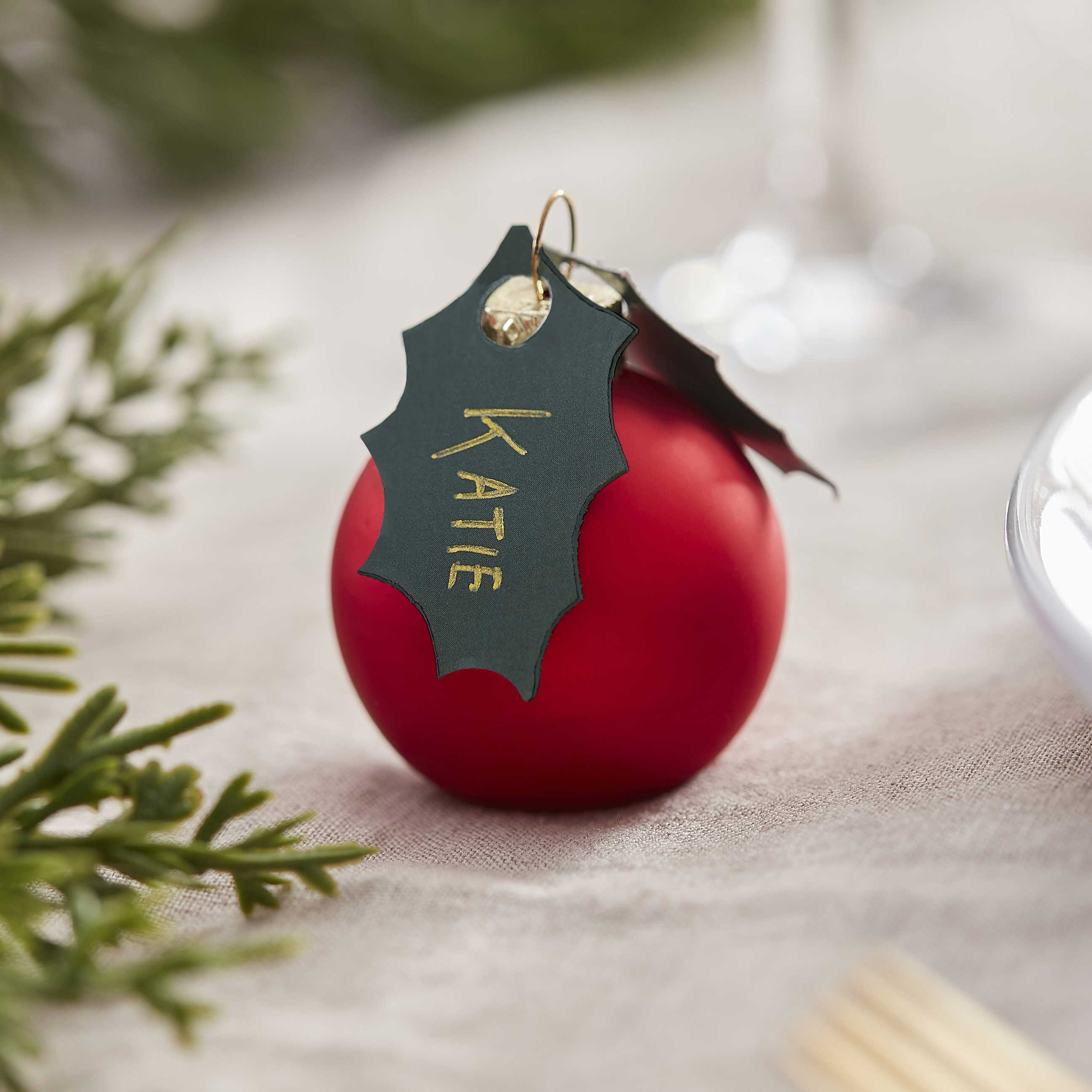 Red Berry Bauble Place Card Holders with Holly Leaf Tags