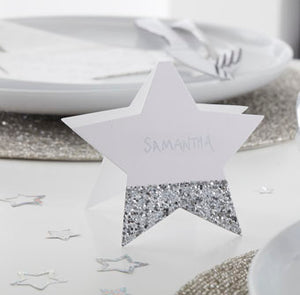 Silver Glitter - Place Cards - Star Shaped - Silver Glitter