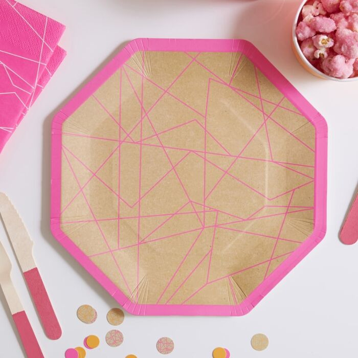 Kraft & Neon Pink Geometric Paper Plates - Neon Birthday