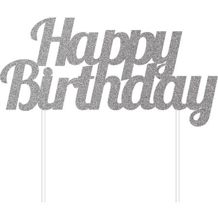 Happy Birthday Glitter Silver Cake Topper