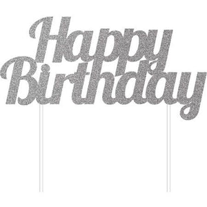 Happy Birthday Glitter Silver Cake Topper