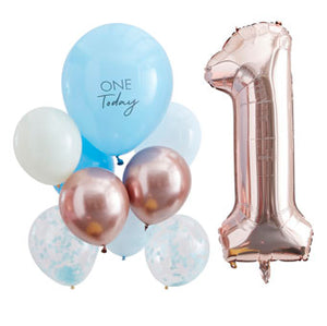 Blue & Rose Gold 1st Birthday Balloons
