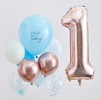 Blue & Rose Gold 1st Birthday Balloons