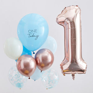 Blue & Rose Gold 1st Birthday Balloons