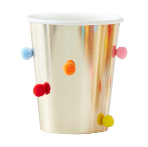 Rainbow Pom Pom Gold Party Paper Cups