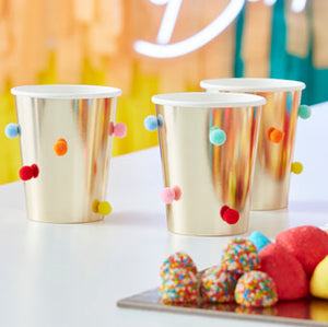 Rainbow Pom Pom Gold Party Paper Cups