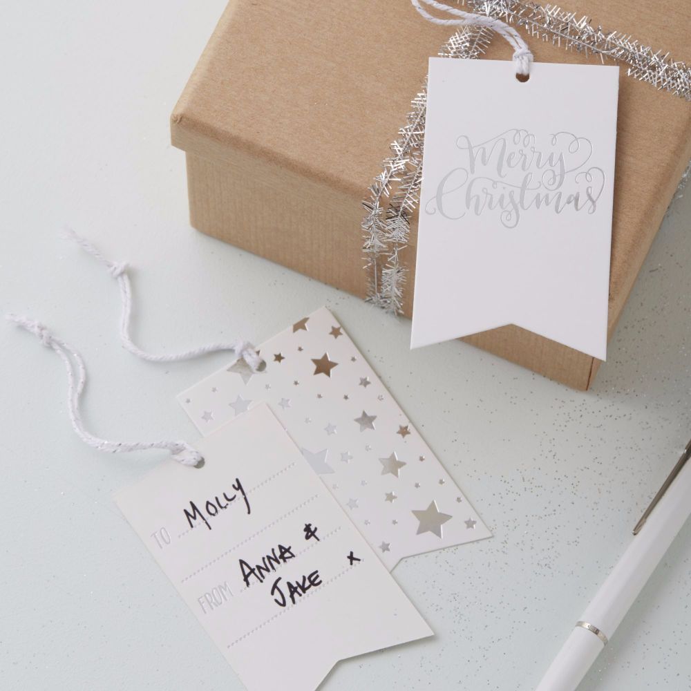 Silver Foil Merry Christmas Tags - Set of 8
